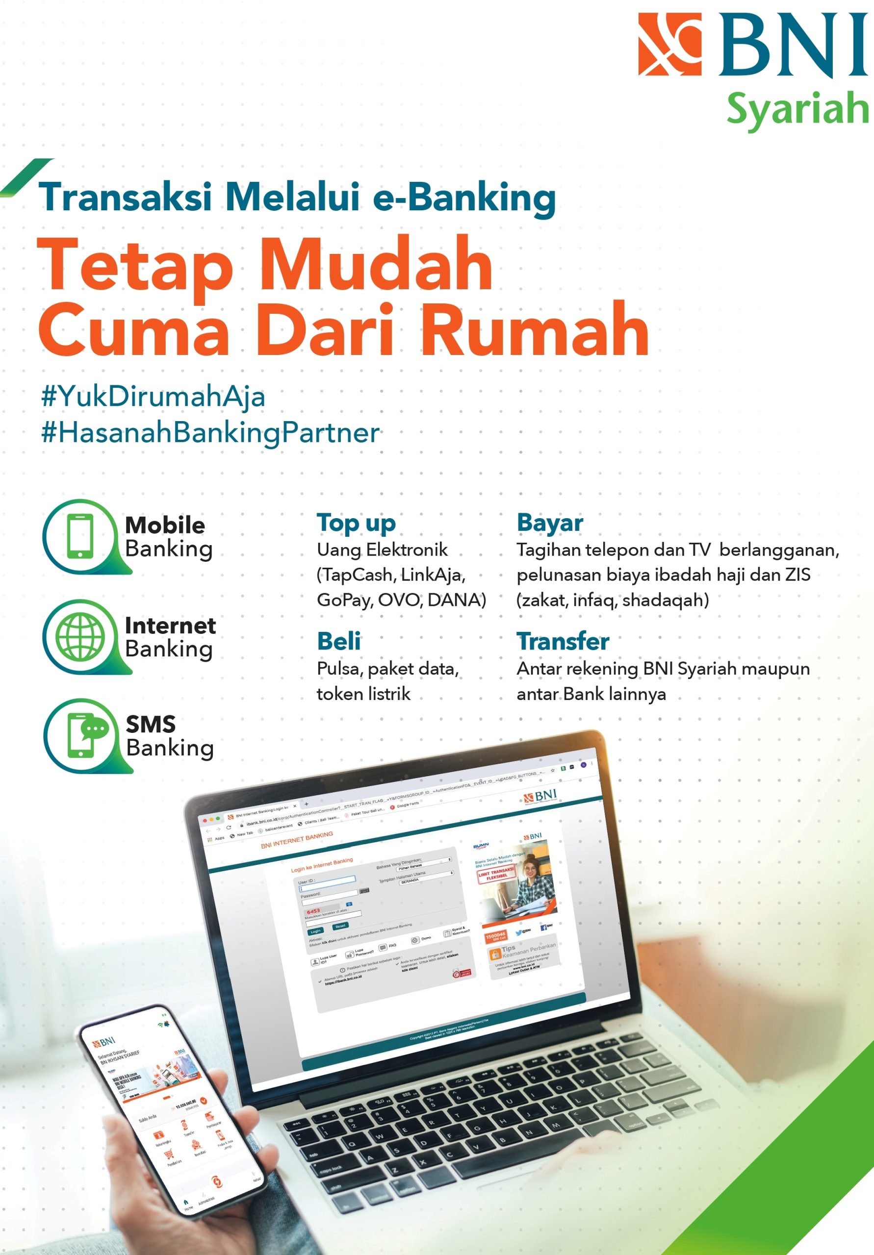 antisipasi terkait Pandemi virus corona atau COVID-19, BNI Syariah menyarankan segenap nasabah menggunakan layanan E-Banking. Adapun layanan mobile banking yang diberikan diantaranya adalah Top up Uang Elektronik (TapCash, LinkAja, GoPay, OVO, DANA); pembelian pulsa dan paket data, token listrik; pembayaran tagihan telepon dan TV berlangganan; transfer antar BNI Syariah dan antar bank; pembayaran pelunasan biaya ibadah haji dan zakat, infaq dan shadaqah.