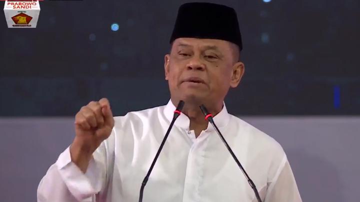 Mantan Panglima TNI, Gatot Nurmantyo ikut menjadi pembicara dalam Kampanye Capres 02, Prabowo Subianto di Surabaya, 12 April 2019. Video Live Streaming/Facebook Prabowo Subianto