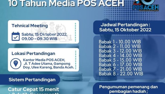 Turnamen Catur Cepat HUT ke-10 Media POS ACEH : Uji Atlet Pelatda PON hingga Beri Apresiasi