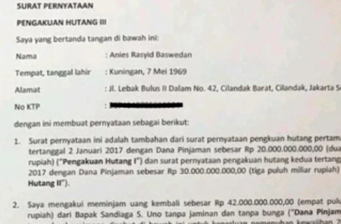 Beredar Surat Perjanjian Utang Anies ke Sandiaga, Begini Isinya