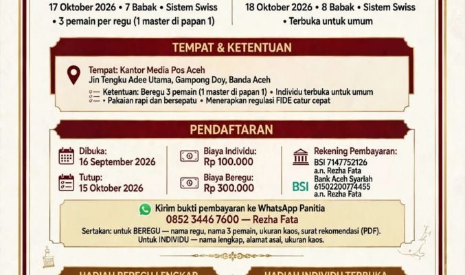 Pendaftaran Olimpiade Catur II HUT 14 Media Pos Aceh Resmi Dibuka
